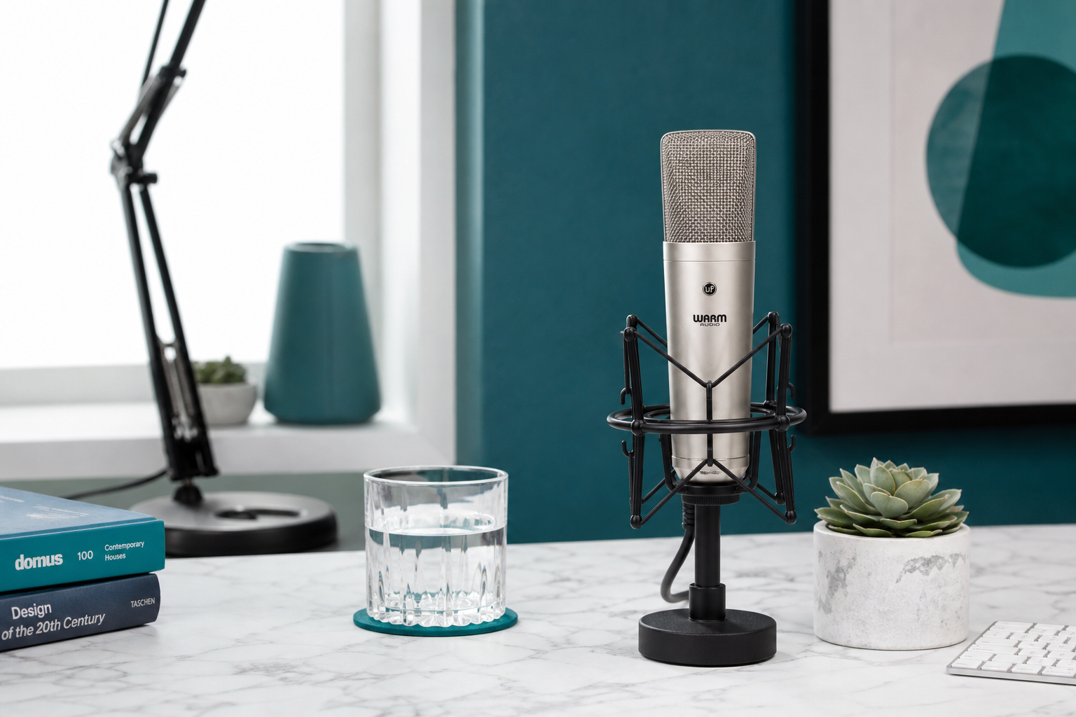 Professional recording setup with condenser microphone overlooking London rooftops